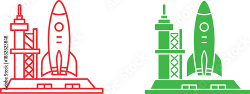 Red and green rockets and communication towers on a platform