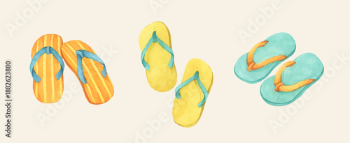 Watercolor Flip-Flops, Summer Slippers Sandals Set, Beachwear Footwear Fashion, Cute Shoes Pair, Tropical Weather Sea Vacation Outdoor Walk.