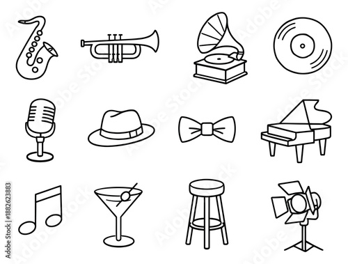 Hand drawn line art music and party icon set featuring musical instruments, accessories, and entertainment elements for retro club events