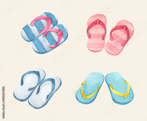 Watercolor Flip-Flops, Summer Slippers Sandals Set, Beachwear Footwear Fashion, Cute Shoes Pair, Tropical Weather Sea Vacation Outdoor Walk.