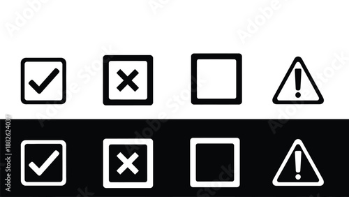 Selection and status icons set with checkmarks, crosses, boxes, and warnings