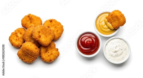 Crispy Golden Chicken Nuggets with Ketchup Mustard and Ranch Dipping Sauces Isolated on White