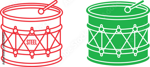 Red and green steel drums with drumsticks red drum green drum musical instruments