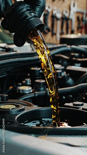Close-up, high-angle shot of motor oil being poured into an engine, capturing the fluid motion. Ideal for a video on car maintenance.