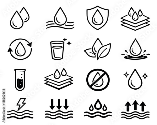 Outline icon set featuring water drops, a glass, and scientific symbols for hydration, purification and protection