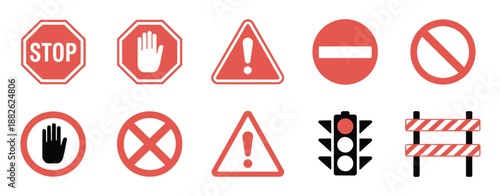 Red Warning and Prohibition Signs, Including Stop, Hand, Danger, No Entry, Traffic Light, and Barrier Icons, Flat Vector Style for Safety, Traffic, Construction, and Alert Use.