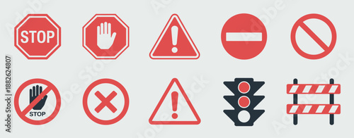 Safety and Traffic Warning Icons, Red Prohibition Symbols Including Stop, Danger, Hand, No Entry, Traffic Light, and Barrier Graphics in Flat Vector Design.