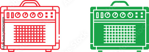 Red and green vintage amplifier speaker with control knobs and speaker grille retro 1