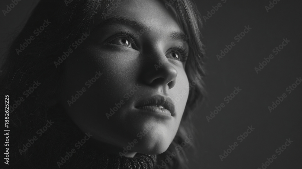 Fototapeta premium Minimalist studio portrait, desaturated tones, intimate mood, clean lines, soft shadows, subtle expression, timeless editorial feel