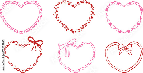 set of hand-drawn heart frames with bows, ribbons, scallops and tiny hearts in pink and red line art style for valentine cards, wedding invitations and romantic designs