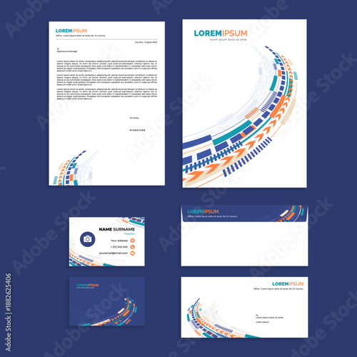 Futuristic technology stationery set with abstract digital data circuit design