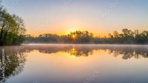 Wallpaper Mural Tranquil misty lake at sunrise with golden sun peeking through trees creating stunning reflections on calm water, a serene and peaceful natural landscape Torontodigital.ca