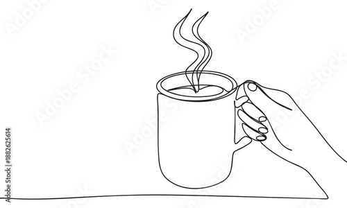 Continuous Line Drawing of a Hand Holding a Steaming Mug