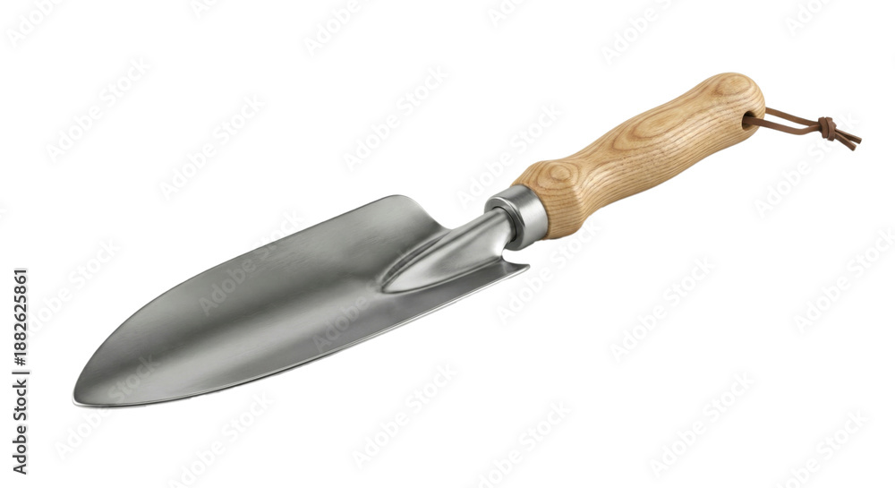 Fototapeta premium Durable garden trowel with a comfortable wooden handle and a leather hanging strap