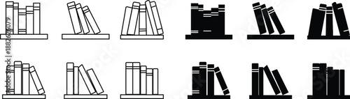 Book racks icon set, representing bookshelf storage for books and documents. Ideal for library systems, adjustable wooden book rack education, office organization, apps, web design, and infographics.