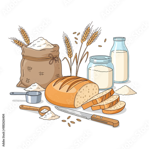 Freshly Baked Bread, Flour Sack, Wheat Ears, Milk Jar - Baking Ingredients Illustration