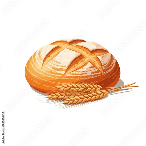 Freshly baked artisan bread loaf with wheat ears on white background, illustration