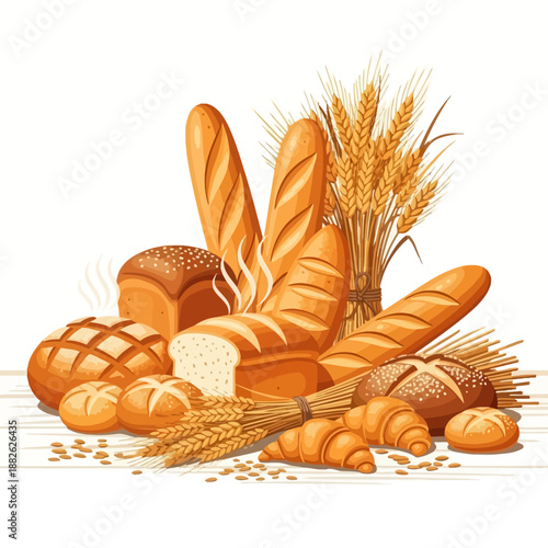 Artisan Bread Assortment: Freshly Baked Loaves, Baguettes, Croissants & Wheat Stalks