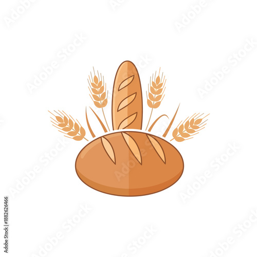 Freshly Baked Bread Loaf and Baguette with Wheat Stalks Icon - Bakery Logo Concept