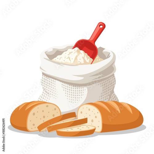 Bag of Flour and Freshly Baked Bread Loaves with Slices, Baking Ingredient