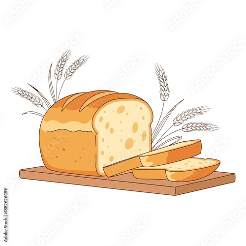 Freshly Baked Loaf of Bread, Sliced, with Wheat Stalks on Wooden Board