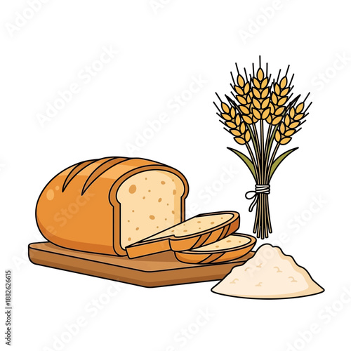 Freshly Baked Bread Loaf with Slices, Wheat Stalks, and Flour Pile | Bakery Ingredient Concept