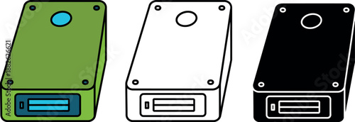 Three colored external hard drives with blue slots and circular buttons green hard drive 1