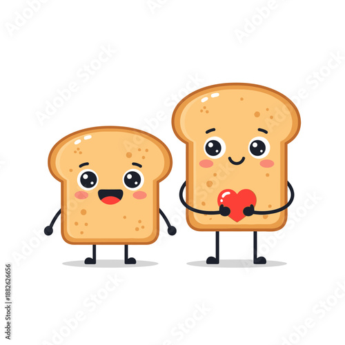 Cute Toast Couple Holding Heart, Cartoon Characters, Food Love Concept