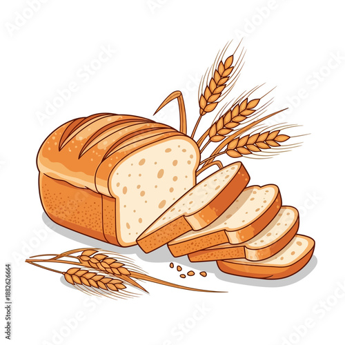 Freshly Baked Loaf of Bread Sliced with Wheat Stalks, Isolated on White Background