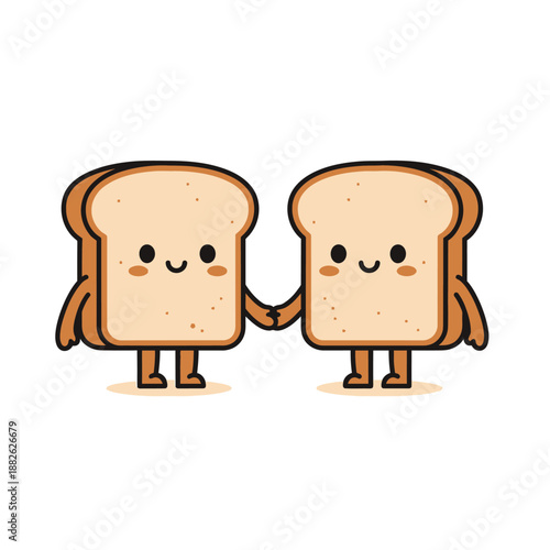 Cute Kawaii Toast Friends Holding Hands, Cartoon Food Characters, Vector Illustration