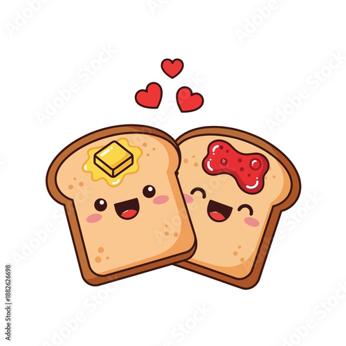 Cute Toast Couple with Butter and Jam, Heart Symbols, Love Breakfast