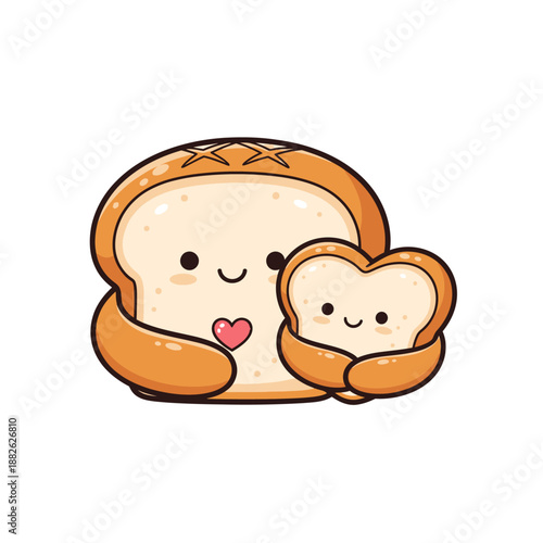 Cute Kawaii Bread Couple Hugging with Heart Shape