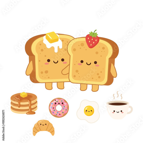 Cute Kawaii Breakfast Food Characters: Toast, Pancakes, Coffee, Donut, Egg, Croissant