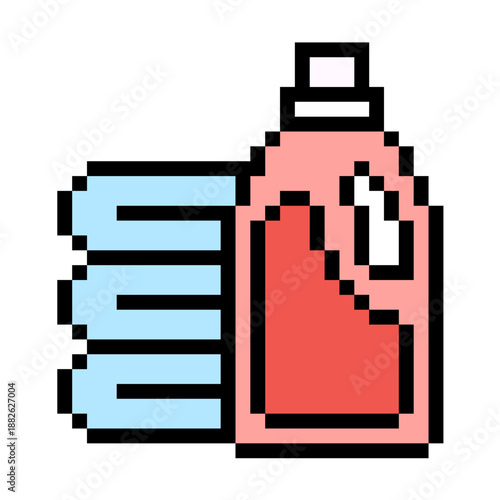 Pixel detergent laundry vector for cleaning games. Ideal for soap bottles, washing clothes, domestic chores, and retro 8-bit hygiene supplies.