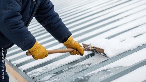 Person shoveling snow off a metal roof with a shovel winter gloves jacket cold weather