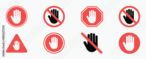 Red Forbidden Signs Do Not Touch, No Entry Hand Red Label or Sticker, Ban and Prohibited Sign Symbols for Safety, Restricted Access, and Warning Communication.