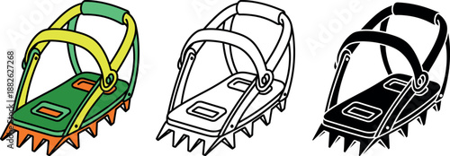 Three colorful and black and white snow traction devices with spikes for hiking boots 1