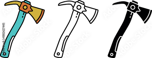 Three colorful axes with different colored handles and heads in a row tools blue yellow black white