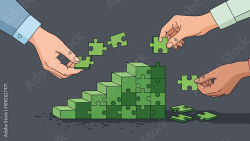 Illustration of diverse hands assembling green puzzle pieces on a dark background