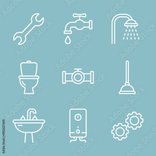 A set of Plumbing tools and fixtures line icons.