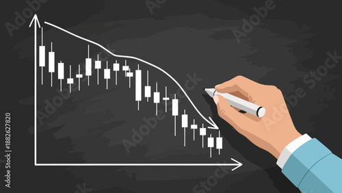 Hand drawing a declining stock market graph on a blackboard with a white marker