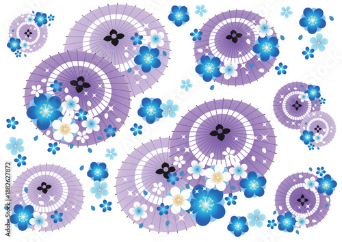 和傘と青白桜のアイコンセット、かわいい、和風、紫、イラスト