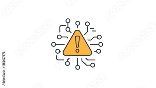 A warning sign with an exclamation mark is displayed prominently in a digital circuit background