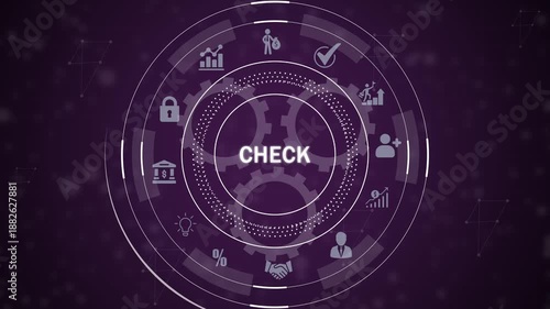Digital interface with circular diagram and representing business processes like check, lock, bank, lightbulb, handshake, and growth charts on a dark purple background