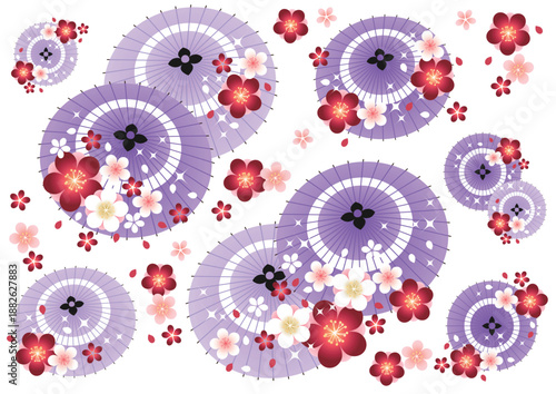 和傘と紅白桜のアイコンセット、かわいい、和風、紫、イラスト