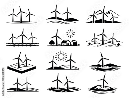 Minimalist silhouette wind turbine set featuring multiple wind turbines in various landscape and water environments for renewable energy concepts
