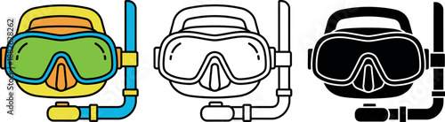 Three colorful diving masks with snorkels in a row underwater scuba equipment underwater gear