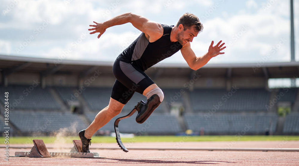 Obraz premium Disabled Athlete Explosive Start on Track, Paralympic Sprint Power