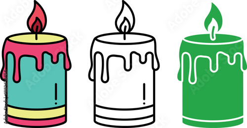 Three colorful dripping wax candles with lit flames in red green and blue colors lit candles 1