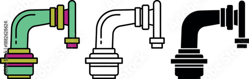 Three colorful elbow pipe fittings with threaded ends and flanges in turquoise purple and black 1